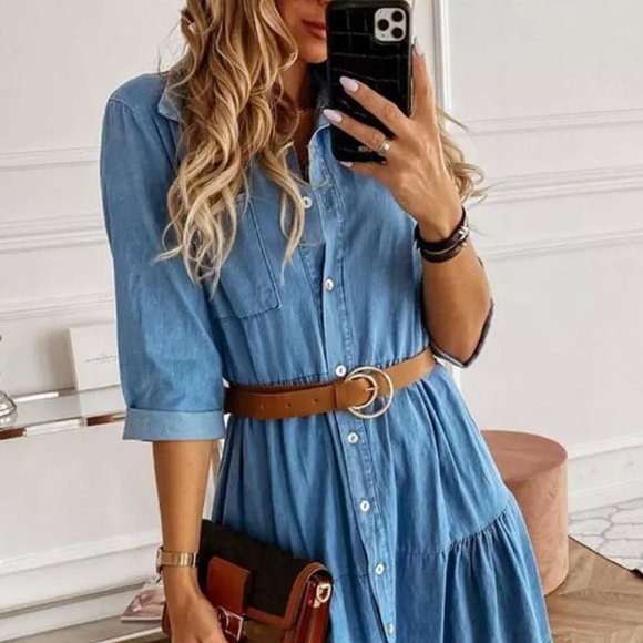 Sky Blue Ruffled Denim Full Buttoned Midi Dress - Picture 1 of 8